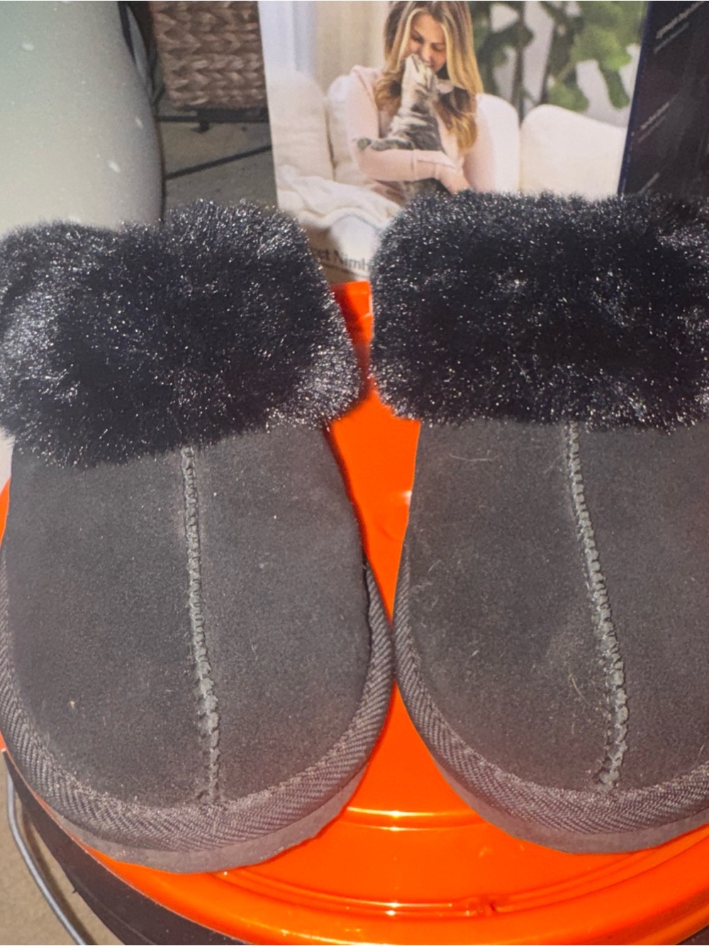 Auden Womens Sylvia Genuine Suede Leather Faux Fur Scuff Slippers Black Size 9